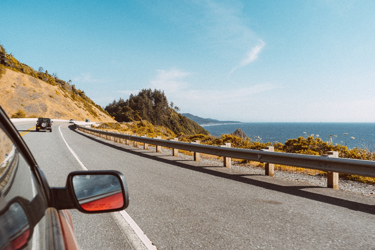Scenic road trip view from inside a comfortable car